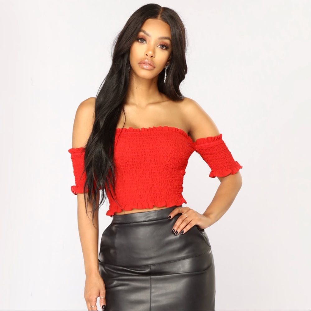 Red off the shoulder top from fashion nova